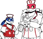  + 2018 anthro bandanna blue_eyes blush clipboard clothed clothing crossdressing duo fangs hat holding_object inkyfrog leonardo_(tmnt) looking_at_viewer male mask nurse nurse_uniform partially_colored raphael_(tmnt) red_eyes reptile rise_of_the_teenage_mutant_ninja_turtles scalie shell simple_background smile teddy_bear teenage_mutant_ninja_turtles turtle uniform white_background yellow_sclera 