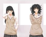  after_battle amagami ayatsuji_tsukasa black_eyes black_hair blazer blood bloody_nose brown_eyes bruise commentary_request crossed_arms glaring hand_on_hip hand_up injury jacket long_hair looking_to_the_side messy_hair multiple_girls off_shoulder open_collar ribbon_bangs rubbing school_uniform scuffed shirt side-by-side simple_background skirt tanamachi_kaoru toki_(tokihakashi) torn_clothes torn_shirt window 