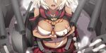  artist_name between_breasts black_gloves blurry breast_hold breasts budget_sarashi cannon collar dark_skin deep_skin depth_of_field dripping fingerless_gloves from_above gloves grabbing hand_on_breast hand_on_own_chest head_out_of_frame kantai_collection large_breasts machinery magicians_(zhkahogigzkh) musashi_(kantai_collection) open_mouth pleated_skirt red_skirt rope saliva sarashi short_hair shoulder_cutout skirt solo stomach tassel tongue turret upper_body wet wet_hair white_hair 