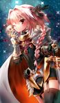  armor armored_dress astolfo_(fate) belt black_bow black_hair black_ribbon bow braid closed_mouth commentary_request fate/apocrypha fate/grand_order fate_(series) garter_straps gauntlets green_eyes hair_bow hair_ribbon highres kneehighs long_braid long_hair male_focus multicolored_hair multiple_boys one_eye_closed pauldrons pink_hair purple_eyes ribbon short_hair siegfried_(fate) single_braid sparkle streaked_hair sushineta sword weapon 