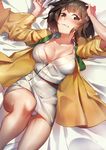  absurdres arms_up bangs blurry blush breasts brown_hair depth_of_field eyebrows eyebrows_visible_through_hair from_above highres hiryuu_(kantai_collection) japanese_clothes kantai_collection kimono looking_at_viewer lying medium_breasts on_back on_bed open_clothes panties pantyshot pantyshot_(lying) pg_(pgouwoderen) sash short_hair solo underwear white_panties yellow_eyes 
