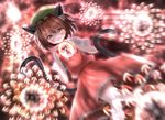  animal_ears blush brown_eyes brown_hair cat_ears cat_tail chen danmaku dutch_angle fang glowing hat jewelry looking_at_viewer mob_cap multiple_tails niwaniwatori open_mouth puffy_sleeves shirt short_hair short_sleeves single_earring skirt skirt_set smile solo tail touhou vest 