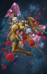  arm_up armor blue_eyes drill_hair eclosion fingerless_gloves fish flower flower_in_mouth full_body gloves gold_armor gold_saint high_heels long_hair male_focus midair petals pisces_aphrodite rose saint_seiya solo space star_(sky) stiletto_heels white_flower white_hair white_rose wings 