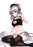  bell black_legwear blush bra breasts cat_cutout cat_ear_panties cat_lingerie choker cleavage cleavage_cutout grey_eyes highres jingle_bell kantai_collection kashima_(kantai_collection) large_breasts long_hair looking_at_viewer meme_attire mizuki_(mizuki_ame) navel panties paws short_hair side-tie_panties sidelocks silver_hair solo thighhighs twintails underwear underwear_only wavy_hair 