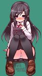  asashio_(kantai_collection) bad_id bad_pixiv_id bangs black_hair black_legwear blush cosplay dated dress foreshortening full_body green_background kantai_collection loafers long_hair long_sleeves looking_at_viewer neck_ribbon panties pantyshot pantyshot_(sitting) pinafore_dress pleated_dress purple_eyes red_ribbon remodel_(kantai_collection) ribbon richou_(zerozero1101) school_uniform shoes simple_background sitting smile solo swept_bangs thighhighs twitter_username underwear white_panties 