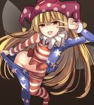  american_flag_dress american_flag_legwear bangs blonde_hair clownpiece fairy_wings frilled_shirt_collar frills from_above fur_trim hat janne_cherry jester_cap long_hair long_sleeves looking_at_viewer neck_ruff no_panties open_mouth pantyhose pantyhose_pull polka_dot pulled_by_self red_eyes simple_background solo standing touhou v v_over_eye very_long_hair wings 
