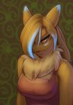  2015 abstract_background anthro blue_highlights bust_portrait canine clothed clothing digimon female fox fur green_eyes hair hair_over_eye jemma_(jingx1) jingx1 looking_at_viewer mammal multicolored_hair neck_tuft portrait renamon shirt solo tank_top tuft two_tone_hair white_fur white_sclera yellow_fur 