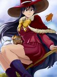  azumanga_daiou banned_artist black_hair blouse blue_legwear bow bowtie broom broom_riding capelet cat chiyo_chichi expressionless flat_chest flying fur_trim hat iriomote_cat kagari_ayaka leg_warmers long_hair mayaa parody petting pleated_skirt raburebo red_skirt sakaki sidesaddle skirt thighs witch witch_craft_works witch_hat yellow_bow yellow_neckwear 