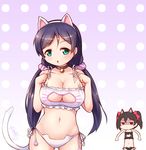  animal_ears bell black_hair blush bow bra breast_envy breasts cat_cutout cat_ear_panties cat_ears cat_lingerie cat_tail choker cleavage cleavage_cutout commentary_request green_eyes hair_bow jingle_bell langbazi large_breasts long_hair looking_at_viewer love_live! love_live!_school_idol_project meme_attire multiple_girls navel open_mouth panties purple_hair red_eyes shaded_face side-tie_panties tail toujou_nozomi twintails underwear underwear_only yazawa_nico 