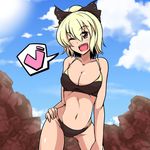  bikini blonde_hair brown_eyes clenched_teeth hand_on_hip heart kurodani_yamame midori_niku navel one_eye_closed open_mouth ponytail solo spoken_heart swimsuit teeth touhou 