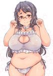  bell bell_collar black_hair blush breasts cat_cutout cat_ear_panties cat_lingerie cleavage_cutout cocked_eyebrow collar commentary_request embarrassed fat glasses heo highres jingle_bell large_breasts long_hair meme_attire navel orange_eyes original panties paw_pose plump side-tie_panties smile solo underwear wavy_mouth 