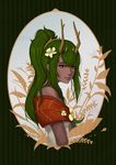  amalia_sheran_sharm antlers dark_skin dress flower frame from_side green_hair hair_flower hair_ornament orange_eyes plant sadida shadowjwu solo strapless strapless_dress striped striped_background upper_body wakfu white_dress 