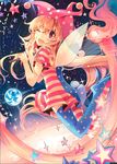  \m/ alternate_legwear american_flag_dress american_flag_legwear ass bad_id bad_pixiv_id bangs blonde_hair clownpiece earth fairy_wings flat_ass from_behind hat jester_cap kirero long_hair looking_at_viewer looking_back moon one_eye_closed open_mouth planet polka_dot red_eyes short_sleeves solo star thighhighs torch touhou very_long_hair wings 