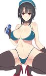  bikini black_gloves black_hair breasts gloves hat highres kantai_collection large_breasts moriya pocari_sweat red_eyes short_hair solo swimsuit takao_(kantai_collection) 