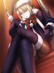  &gt;:( alternate_costume amino_(tn7135) artoria_pendragon_(all) bad_id bad_pixiv_id black_footwear black_gloves black_legwear black_santa_costume blonde_hair boots bow bowtie commentary_request fate/grand_order fate_(series) frown fur-trimmed_boots fur_boots fur_trim gloves hair_ribbon hat looking_at_viewer pantyhose ribbon santa_alter santa_costume santa_hat short_hair solo thigh_boots thighhighs tsurime v-shaped_eyebrows yellow_eyes 