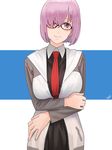  amino_(tn7135) bad_id bad_pixiv_id black_dress blush breast_hold breasts commentary_request dress fate/grand_order fate_(series) glasses hair_over_one_eye jacket large_breasts looking_at_viewer mash_kyrielight necktie purple_eyes purple_hair short_hair smile solo 
