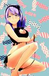  blue_eyes breasts cat_cutout cat_lingerie cleavage_cutout dagashi_kashi hairband hijiri-tukasa large_breasts looking_at_viewer meme_attire panties purple_hair shidare_hotaru short_hair side-tie_panties smile solo underwear underwear_only 