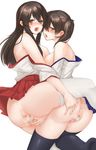  akagi_(kantai_collection) anus ass black_hair blush breasts egg_laying fukuroumori highres japanese_clothes kaga_(kantai_collection) kantai_collection large_breasts multiple_girls no_panties off_shoulder open_mouth pussy side_ponytail sideboob thighhighs tongue yellow_eyes yuri 