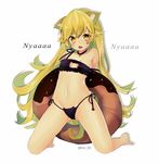  alternate_costume animal_ears arms_behind_back ass_visible_through_thighs bakemonogatari bangs bare_shoulders barefoot bell bell_choker black_panties blonde_hair blush breasts cat_cutout cat_ear_panties cat_ears cat_lingerie choker cleavage_cutout doughnut eyebrows eyebrows_visible_through_hair fang food frills full_body jingle_bell kemonomimi_mode kneeling long_hair looking_at_viewer meme_attire monogatari_(series) nachiru navel nyan open_mouth oshino_shinobu panties paw_print side-tie_panties small_breasts solo stomach strap_slip string_panties stuffed_toy twitter_username underwear underwear_only very_long_hair white_background yellow_eyes 