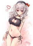  2016 alternate_costume bell bell_choker beret black_panties blush breasts cat_cutout cat_ear_panties cat_lingerie choker cleavage_cutout cowboy_shot dated frills grey_eyes grey_hair groin hat heart inoue_tomii jingle_bell kantai_collection kashima_(kantai_collection) large_breasts legs_together long_hair looking_at_viewer meme_attire navel panties side-tie_panties solo stomach twintails underwear underwear_only 