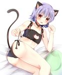  animal_ears bad_id bad_pixiv_id bell blush brown_eyes cat_cutout cat_ears cat_lingerie cat_tail cleavage_cutout fang jingle_bell kantai_collection masayo_(gin_no_ame) meme_attire open_mouth panties paw_pose purple_hair short_hair side-tie_panties solo tail tama_(kantai_collection) underwear underwear_only untying wavy_mouth 