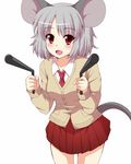  alternate_costume animal_ears brown_jacket collared_shirt cowboy_shot dowsing_rod eyebrows_visible_through_hair grey_hair highres jacket leaning_forward long_sleeves looking_at_viewer mouse_ears mouse_tail nazrin necktie pleated_skirt red_eyes red_neckwear red_skirt school_uniform shirt short_hair simple_background skirt solo sweater tail touhou utakata_(azaka00) white_background white_shirt 