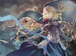  armor armored_dress azomo blonde_hair blue_eyes braid capelet chain cowboy_shot fate/apocrypha fate_(series) flag gauntlets hand_on_own_chest headpiece highres jeanne_d'arc_(fate) jeanne_d'arc_(fate)_(all) long_hair looking_at_viewer looking_to_the_side single_braid solo tree very_long_hair 
