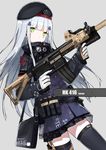  artist_name assault_rifle bad_id bad_pixiv_id bag bangs beret black_legwear blunt_bangs checkered checkered_skirt cowboy_shot eotech german german_flag germany girls_frontline glint gloves green_eyes grey_background gun hair_ornament hairpin hat heckler_&amp;_koch highres hk416 hk416_(girls_frontline) holding holding_gun holding_weapon holster iron_cross load_bearing_vest long_hair long_sleeves looking_at_viewer magpul military military_uniform no_mouth pleated_skirt rifle shi-chen shoulder_bag silver_hair simple_background skirt solo standing suppressor thigh_holster thighhighs trigger_discipline tsurime uniform vertical_foregrip weapon white_gloves zettai_ryouiki 