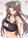  alternate_costume animal_ears bangs bare_shoulders bell bell_choker blush bow breasts brown_eyes cat_cutout cat_ears cat_lingerie choker cleavage cleavage_cutout frills green_bow hair_bow half_updo heart highres holding_strap jingle_bell jintsuu_(kantai_collection) kantai_collection large_breasts long_hair looking_at_viewer meme_attire parted_bangs pink_lips sidelocks smile solo strap_slip underwear underwear_only untied untsue upper_body 