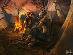  braiding campfire claws clothed clothing digitigrade female hyena male mammal paws rat rodent sunset tatiilange tent topless 