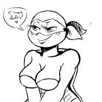  2018 anthro bandanna big_breasts black_and_white breasts crossgender dialogue english_text eyelashes female freckles inkyfrog long_eyelashes mask michelangelo_(tmnt) monochrome non-mammal_breasts reptile scalie shell simple_background smile solo speech_bubble teenage_mutant_ninja_turtles text turtle white_background 