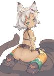  animal_ears ass back bare_shoulders blade_(galaxist) bottomless erune flower from_behind fur granblue_fantasy green_eyes hair_flower hair_ornament looking_at_viewer looking_back melleau paw_shoes shoes silver_hair simple_background solo tail thighhighs white_background 