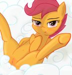  2016 animal_genitalia cub equine female feral friendship_is_magic hair hi_res looking_at_viewer lying mammal my_little_pony pegasus presenting purple_hair pussy sadieyule scootaloo_(mlp) smile solo spread_legs spreading wings young 