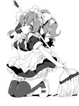  apron arm_behind_head blush bow dress greyscale hair_bow kneeling looking_at_viewer maid maid_headdress mary_janes monochrome mop neneko-n original ponytail ribbon shoes sidelocks solo thighhighs 