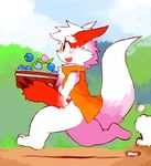  anthro band-aid bandage basket berry blush bottomless clothed clothing food fruit male mammal nintendo open_mouth outside pok&eacute;mon running side_view solo vest video_games whiteleo zangoose 