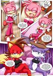  amy_rose bbmbbf bed bottomless butt clothed clothing comic female female/female fiona_fox mobius_unleashed nic_the_weasel palcomix panties sonic_(series) text underwear 
