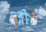  2015 blue_feathers blue_fur book cloud cutie_mark equine eyes_closed feathered_wings feathers female feral friendship_is_magic fur hair lying mammal multicolored_hair my_little_pony on_back outside pegasus rainbow_dash_(mlp) rainbow_hair scootiebloom sky sleeping solo wings 