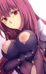  bodysuit breasts fate/grand_order fate_(series) highres long_hair medium_breasts nipples parted_lips pauldrons purple_bodysuit purple_hair red_eyes scathach_(fate)_(all) scathach_(fate/grand_order) solo sweat tamaki_rina torn_clothes upper_body 