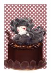  black_hair cake chibi chocolate_cake commentary_request detached_sleeves enemy_aircraft_(kantai_collection) food gothic_lolita hairband hinata_yuu horns isolated_island_oni kantai_collection lolita_fashion lolita_hairband long_hair looking_at_viewer red_eyes shinkaisei-kan sitting smile solo white_skin 