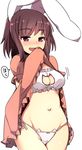  animal_ears blush bra breasts brown_hair bunny_ears cat_cutout cat_ear_panties cat_lingerie cleavage cleavage_cutout dress dress_lift groin inaba_tewi ippongui looking_at_viewer medium_breasts meme_attire navel open_mouth panties red_eyes short_hair side-tie_panties simple_background smile solo touhou underwear white_background white_bra white_panties 
