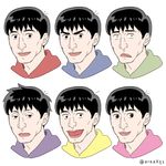  black_hair cosplay hood hoodie looking_at_viewer lowres male_focus matsuno_choromatsu matsuno_choromatsu_(cosplay) matsuno_ichimatsu matsuno_ichimatsu_(cosplay) matsuno_juushimatsu matsuno_juushimatsu_(cosplay) matsuno_karamatsu matsuno_karamatsu_(cosplay) matsuno_osomatsu matsuno_osomatsu_(cosplay) matsuno_todomatsu matsuno_todomatsu_(cosplay) multiple_persona multiple_views osomatsu-san sanematsu_(osomatsu-san) upper_body white_background 