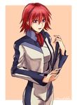  blue_eyes breasts canon_memphis invisible_object jacket large_breasts long_sleeves machi_fuka open_mouth pants red_hair short_hair signature solo soukyuu_no_fafner tablet_pc typing uniform 