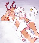  anthro antlers barefoot blush butt cervine duo embarrassed feline horn leo_(whiteleo) lion looking_at_viewer looking_back lying male mammal mane nude on_back pawpads raised_tail reindeer rudolph_the_red_nosed_reindeer size_difference whiteleo young 