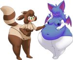  alpha_channel anthro belly big_belly blue_hair blue_nipples blush breasts brown_fur brown_hair cleavage clothed clothing curly_q duo elbow_gloves female fur furret gloves green_eyes hair hair_over_eyes hybridprojectalpha legwear lingerie nintendo nipples overweight pok&eacute;mon pok&eacute;morph slightly_chubby stockings tan_fur tongue tongue_out video_games wings zubat 