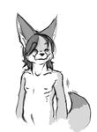  anthro canine eyes_closed fangs fox invalid_tag male mammal monochrome navel nipples prettyokaymrfox simple_background smile solo teeth white_background 