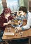  blue_eyes bowl brown_eyes brown_hair building chair chewing chopsticks city cup dutch_angle eating glass jacket male_focus matsumura_(30003) multiple_boys original placard plaid_jacket red_hair red_jacket rice shrimp sign sitting skyscraper soy_sauce table 