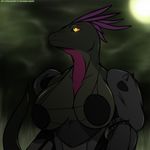  anthro armor big_breasts bra breasts clothed clothing digital_media_(artwork) galmgaruda51 hair lizard looking_up metal purple_hair reptile scalie solo standing text underwear yellow_eyes 