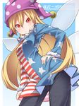  american_flag_dress blonde_hair blush clownpiece commentary_request fairy_wings fur_trim hand_on_hip hat highres jester_cap long_hair long_sleeves looking_at_viewer pants red_eyes smile solo star striped tamahana touhou very_long_hair wings 