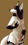  after_masturbation anthro balls canine clothed clothing cum cum_on_penis erection fishnet invalid_tag male mammal penis shuryashish simple_background solo topless 
