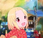  1girl 2016 a_channel ahoge blonde_hair highres japanese_clothes momoki_run red_eyes short_hair solo translated 
